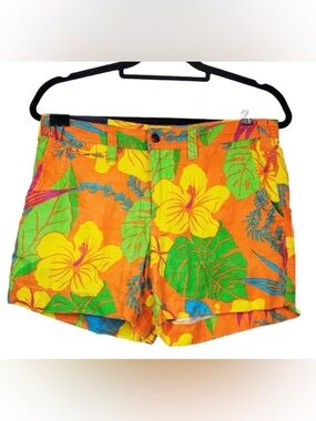 Vintage Polo Ralph Lauren Tropical Floral Linen Shorts Size 6 Orange Resort